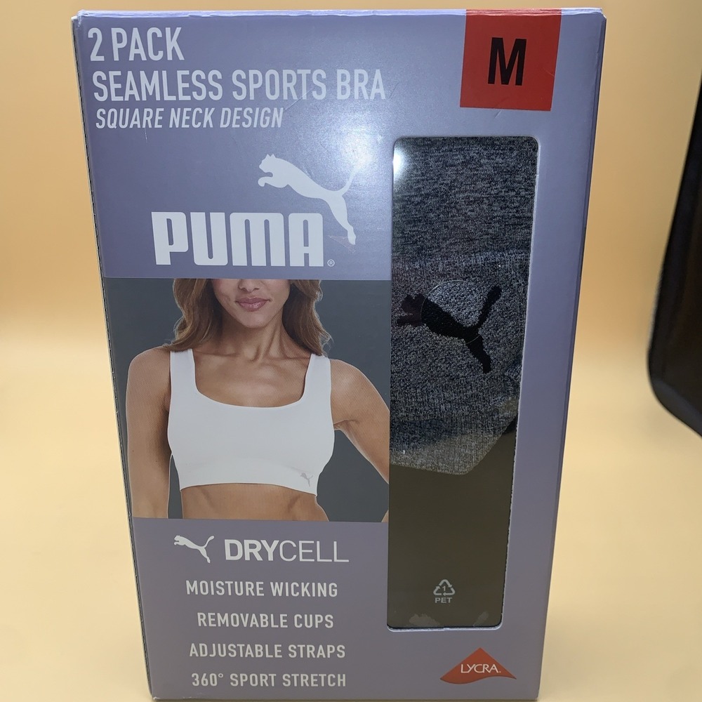 New Puma Women's 2 Pack Square Neck Seamless Wicking Sport Bra Black/Gray Medium